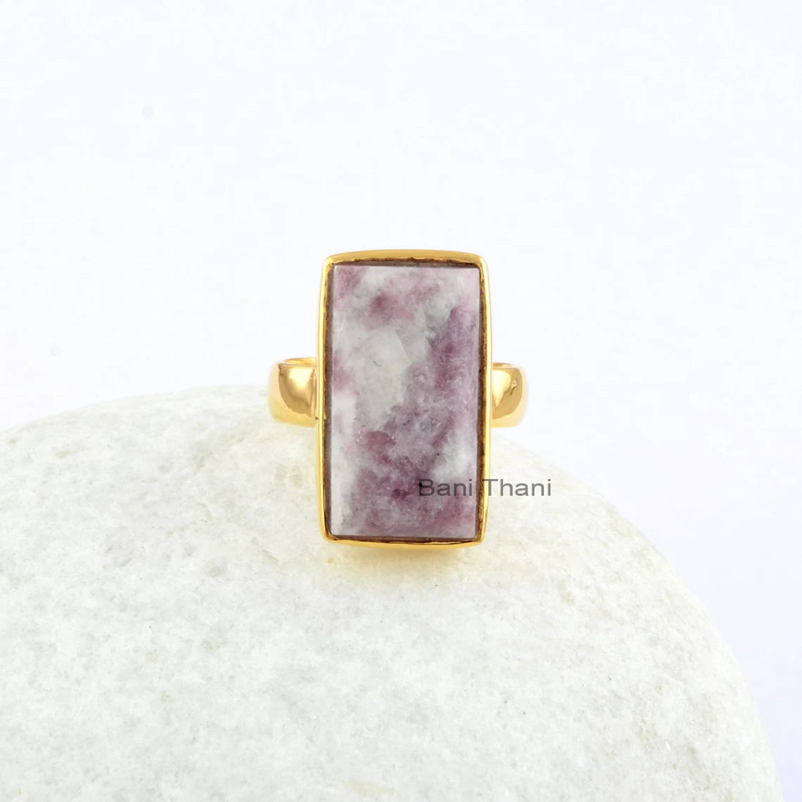 Lepidolite 11x20mm Rectangle Gemstone Ring, Sterling Silver Gold Plated Bezel Set Ring, Engagement Ring, Handmade Ring Jewelry, Cocktail Ring, Boho Ring