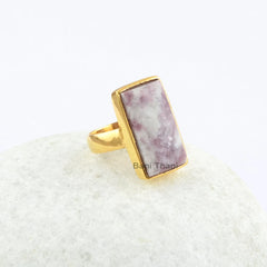 Lepidolite 11x20mm Rectangle Gemstone Ring, Sterling Silver Gold Plated Bezel Set Ring, Engagement Ring, Handmade Ring Jewelry, Cocktail Ring, Boho Ring