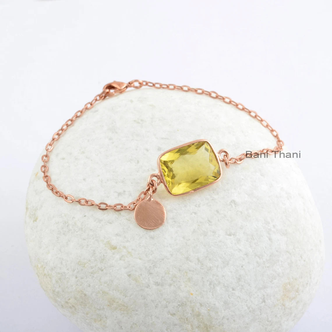 Lemon Quartz 12x16mm Rectangle Gemstone Bracelet, Rose Gold Plated Sterling Silver Chain Bracelet, Valentine's Gift For Her, Christmas Gift