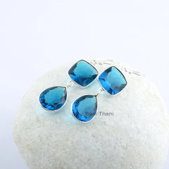 Swiss London Blue Quartz 14x14mm Cushion and 16x22mm Pear Gemstone Earring-925 Sterling Silver Drop Earring-Bridesmaid Earrings-Gift Earring