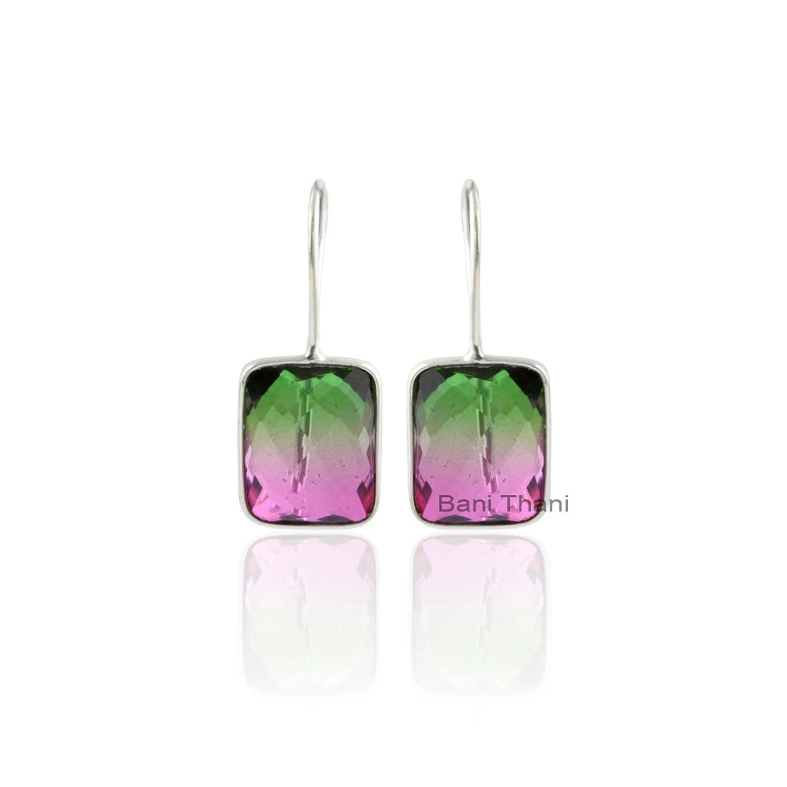 Tourmaline Bi Doublet Quartz 12x16mm Cushion Gemstone Drop Earrings-Sterling Silver Dangle Earrings