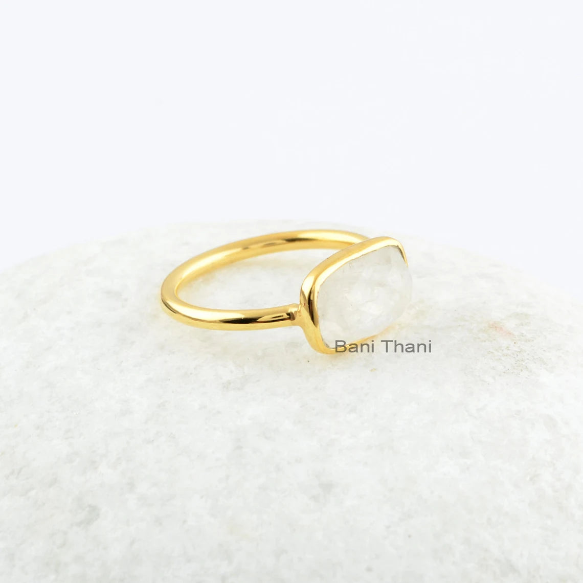 Natural Semiprecious Ring, Rainbow Moonstone 7x11mm Cushion Gemstone Ring, Gold Plated Sterling Silver Jewelry Ring, Anniversary Gift Ring