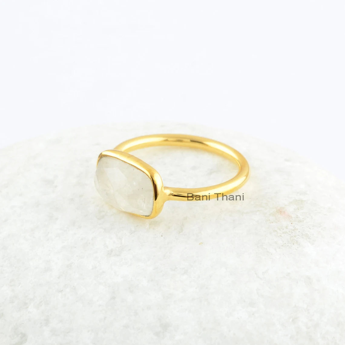 Natural Semiprecious Ring, Rainbow Moonstone 7x11mm Cushion Gemstone Ring, Gold Plated Sterling Silver Jewelry Ring, Anniversary Gift Ring