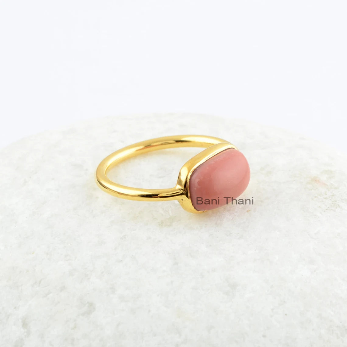 Birthday Gift Ring - Pink Opal 7x11mm Cushion Gemstone Ring - Gold Plated 925 Sterling Silver Ring - Engagement Ring for Women -Gift for Her