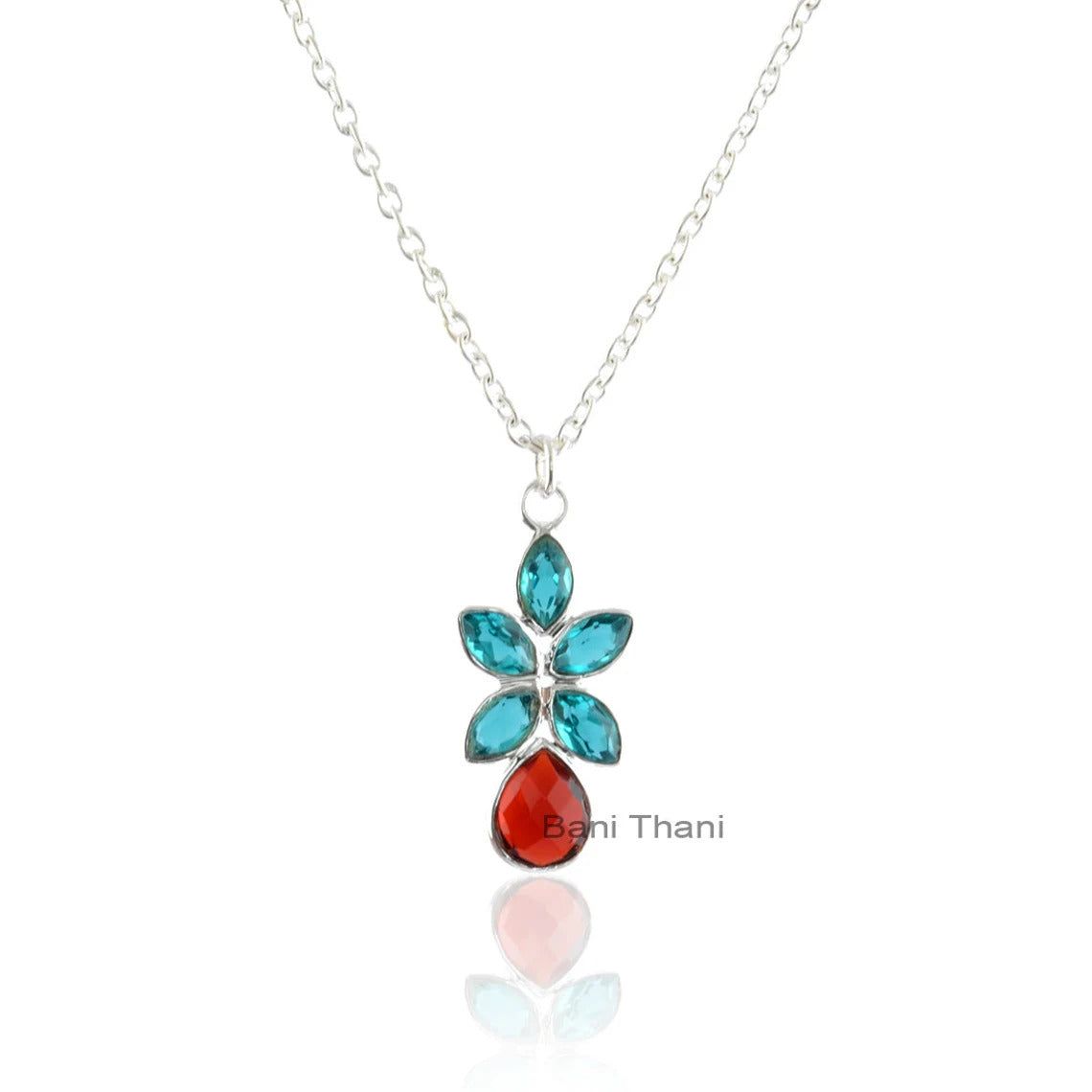 Multi Gemstone Teal Quartz Marquise 4x6mm and Red Garnet Pear 6x8 mm Sterling Silver Necklace, Pendant With Chain Jewelry For Her