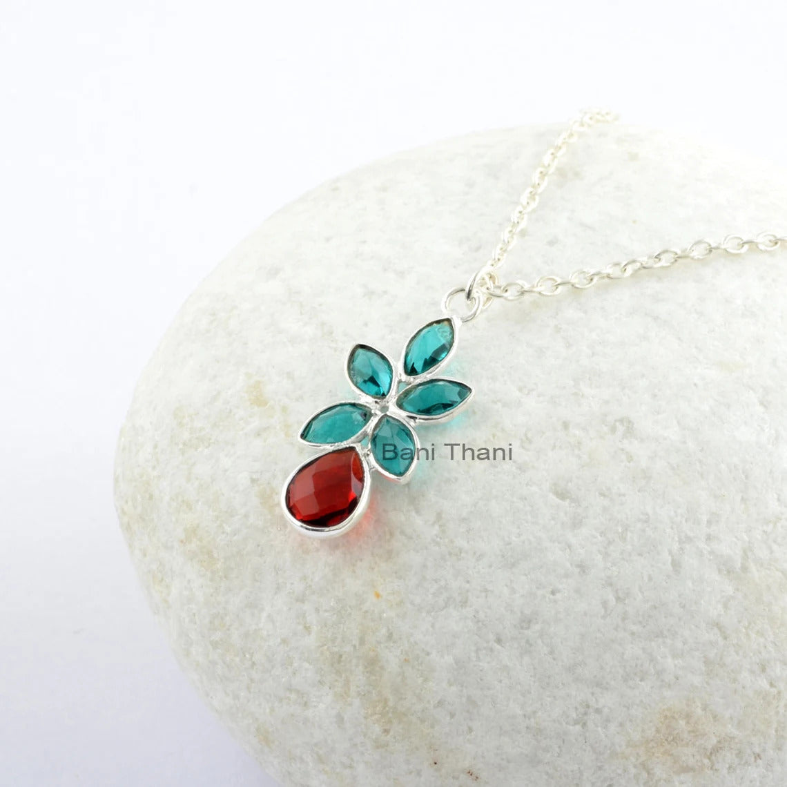 Multi Gemstone Teal Quartz Marquise 4x6mm and Red Garnet Pear 6x8 mm Sterling Silver Necklace, Pendant With Chain Jewelry For Her