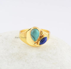 Multi Stone Silver Dotted Ring - Lapis Lazuli, Tibetan Turquoise Gemstone Ring - 18k Gold Plated 925 Sterling Silver Ring - Birthstone Ring