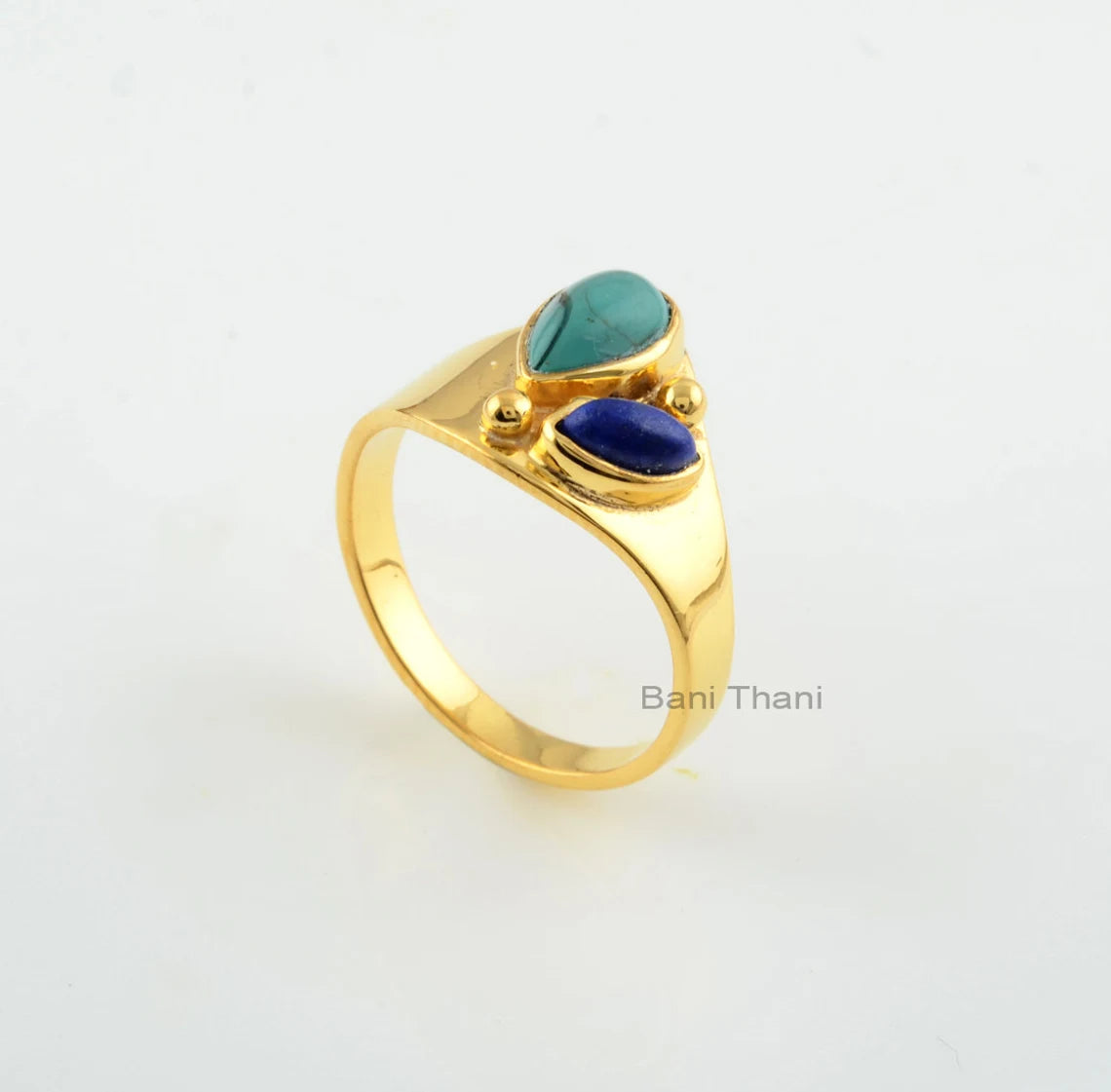 Multi Stone Silver Dotted Ring - Lapis Lazuli, Tibetan Turquoise Gemstone Ring - 18k Gold Plated 925 Sterling Silver Ring - Birthstone Ring