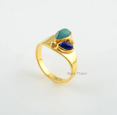 Multi Stone Silver Dotted Ring - Lapis Lazuli, Tibetan Turquoise Gemstone Ring - 18k Gold Plated 925 Sterling Silver Ring - Birthstone Ring