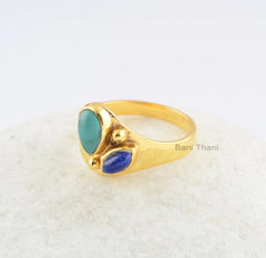 Multi Stone Silver Dotted Ring - Lapis Lazuli, Tibetan Turquoise Gemstone Ring - 18k Gold Plated 925 Sterling Silver Ring - Birthstone Ring