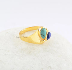 Multi Stone Silver Dotted Ring - Lapis Lazuli, Tibetan Turquoise Gemstone Ring - 18k Gold Plated 925 Sterling Silver Ring - Birthstone Ring