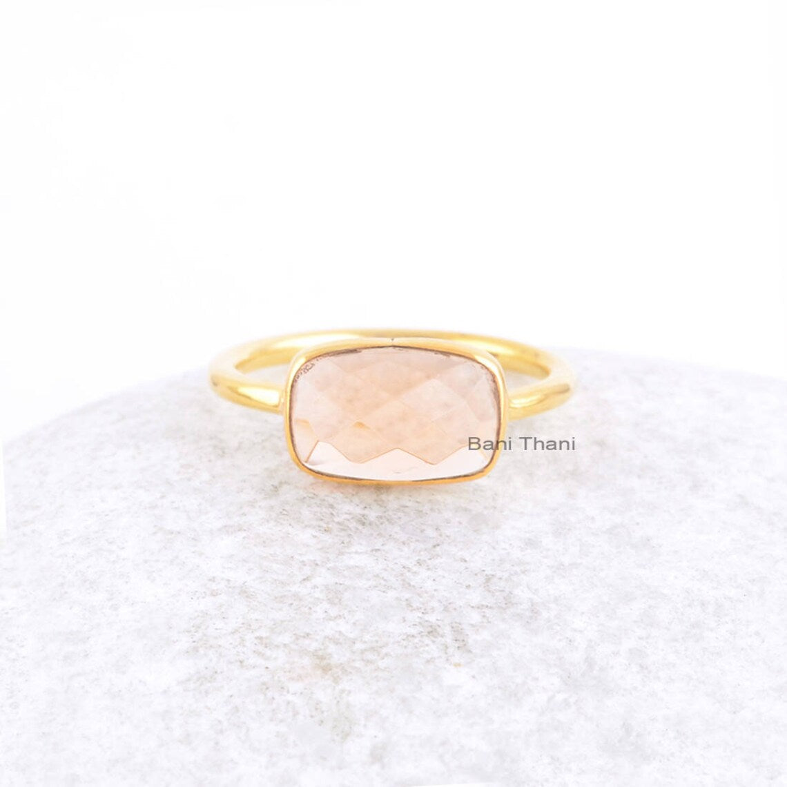 Champagne Quartz 7x11mm Rectangle Gemstone Ring-925 Sterling Silver Jewelry-Micron Gold Plated Ring-Personalised Birthday Gift Idea Ring