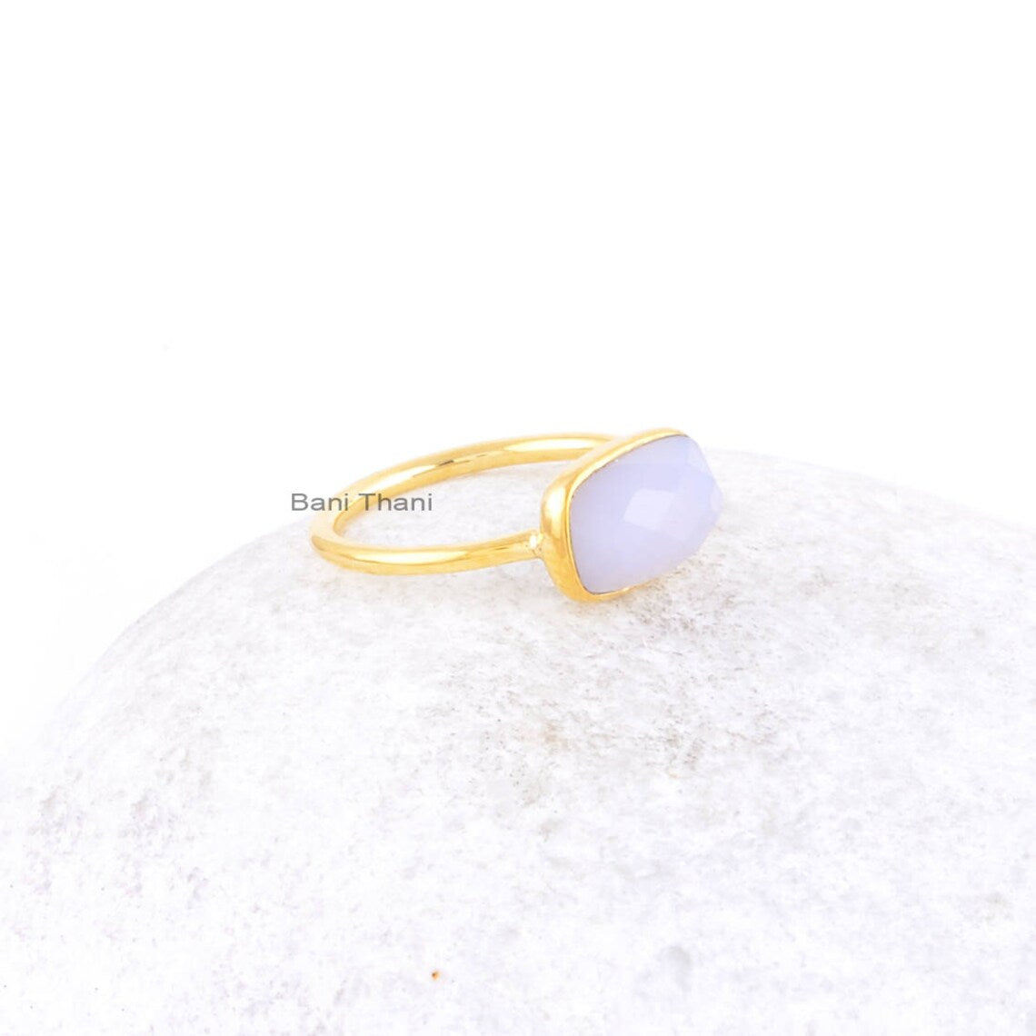 Lavender Chalcedony Ring - Rectangle Gemstone Ring - Handmade Gold Plated Ring - 925 Sterling Silver Ring - Engagement Gift Ring - 7x11mm