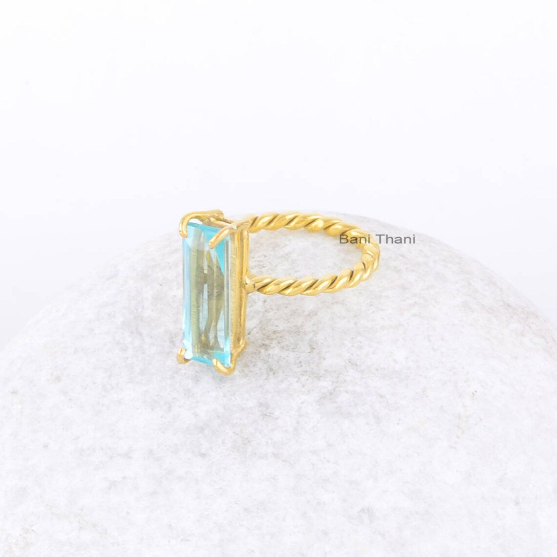 Blue Quartz Ring-Designer Gold Plated Ring-Sterling Silver Ring-baguette 6x18 mm Ring-Gemstone Ring-Jewelry for Gift-Wedding Ring
