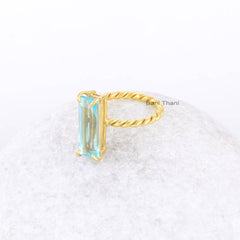 Blue Quartz Ring-Designer Gold Plated Ring-Sterling Silver Ring-baguette 6x18 mm Ring-Gemstone Ring-Jewelry for Gift-Wedding Ring