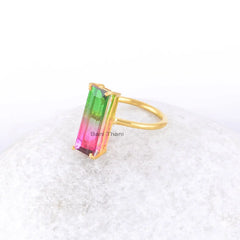 Watermelon Tourmaline Bi Doublet Quartz Ring - Baguette Gemstone Ring - 925 Silver - Handmade Ring - Gift For Group - Jewelry For Graduate