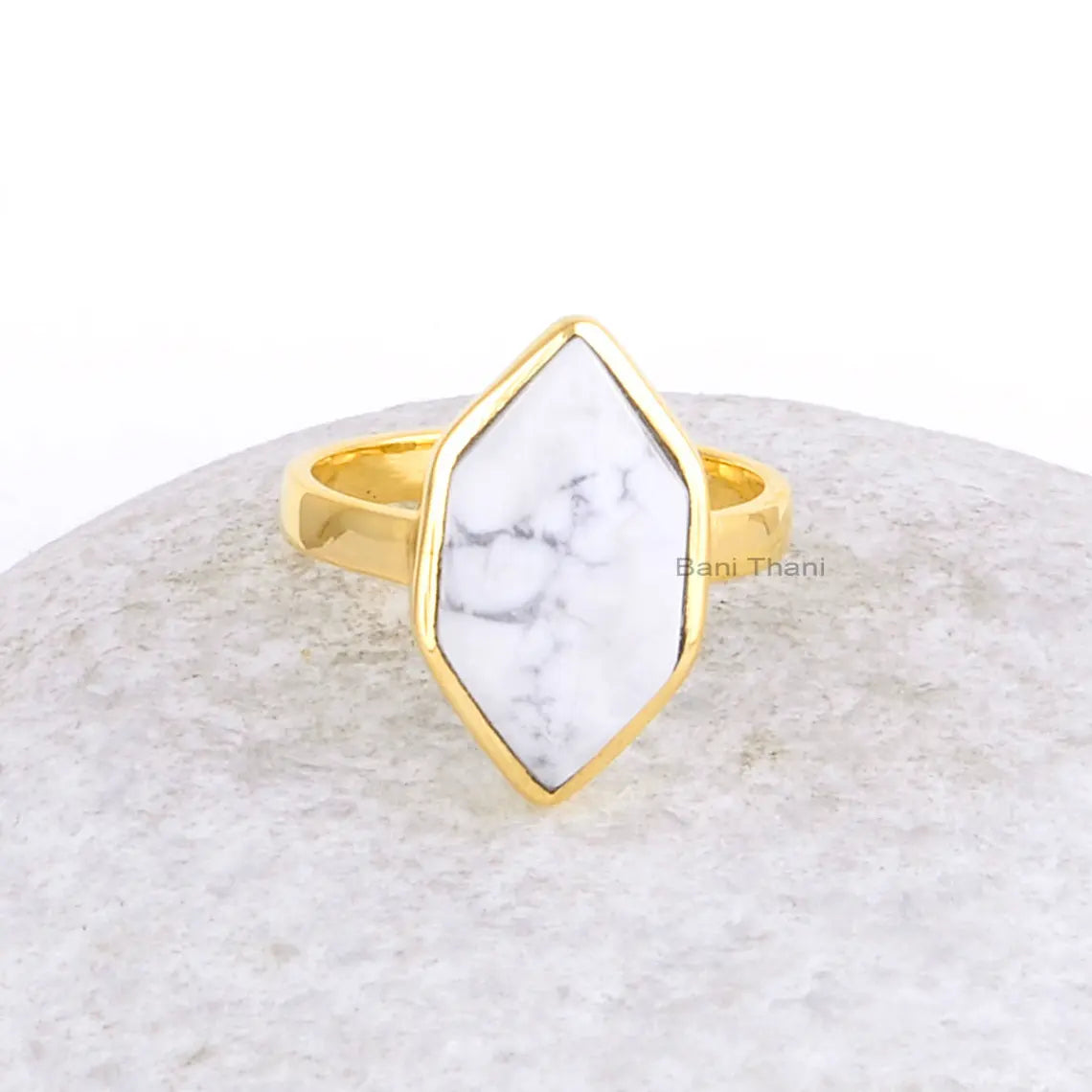 White Howlite Ring-White Howlite Hexagon Diamond Shape 9x16mm Ring-Sterling Silver Ring-Gold Plated Ring-Women Ring-Gift for Her