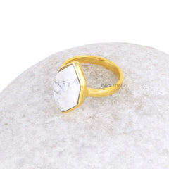 White Howlite Ring-White Howlite Hexagon Diamond Shape 9x16mm Ring-Sterling Silver Ring-Gold Plated Ring-Women Ring-Gift for Her