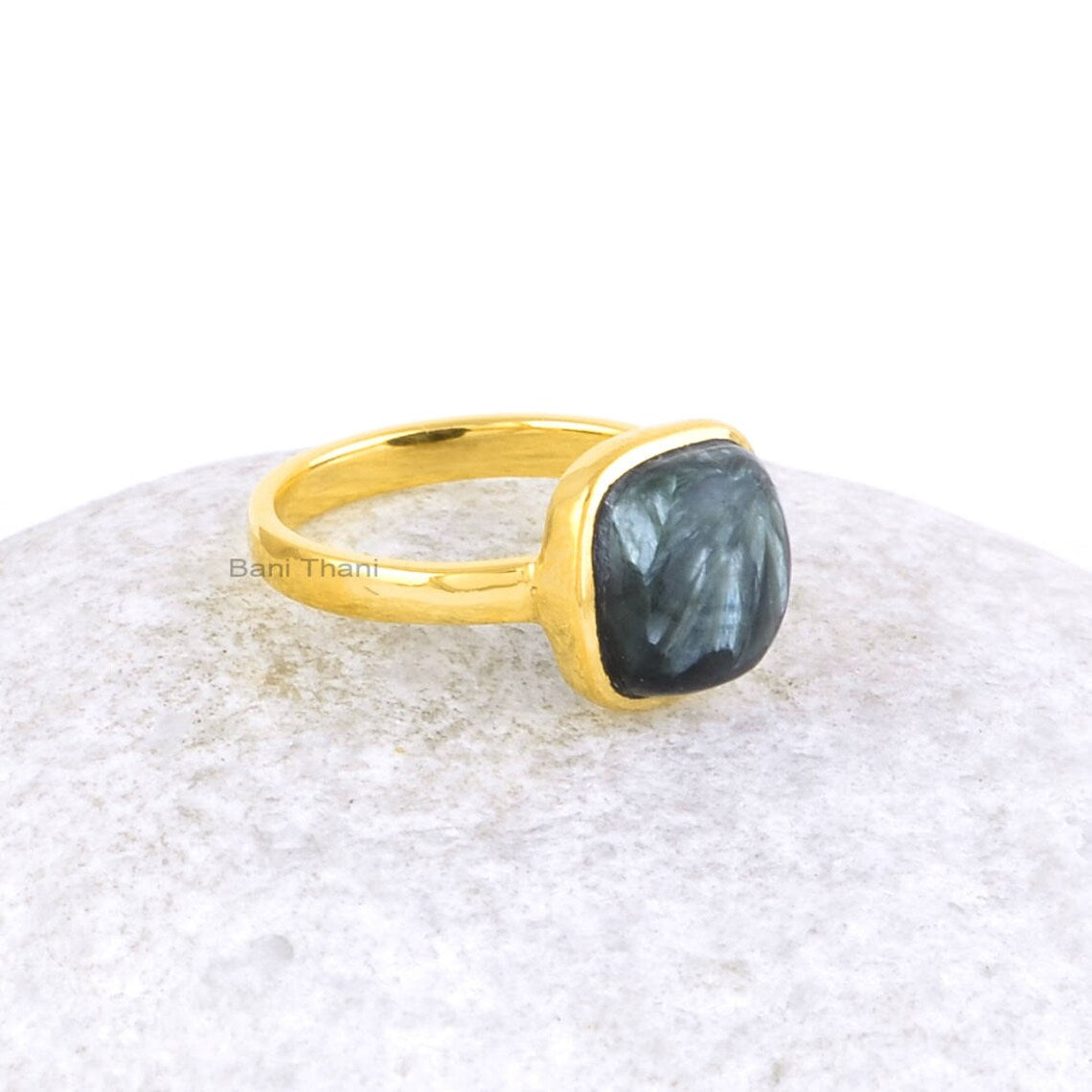 Seraphinite Gemstone Ring - 10mm Cushion Ring - Micron Gold Plated - Sterling Silver Jewelry - Gift for Wife - Brdesmaid Ring - Dainty Ring