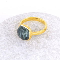 Seraphinite Gemstone Ring - 10mm Cushion Ring - Micron Gold Plated - Sterling Silver Jewelry - Gift for Wife - Brdesmaid Ring - Dainty Ring