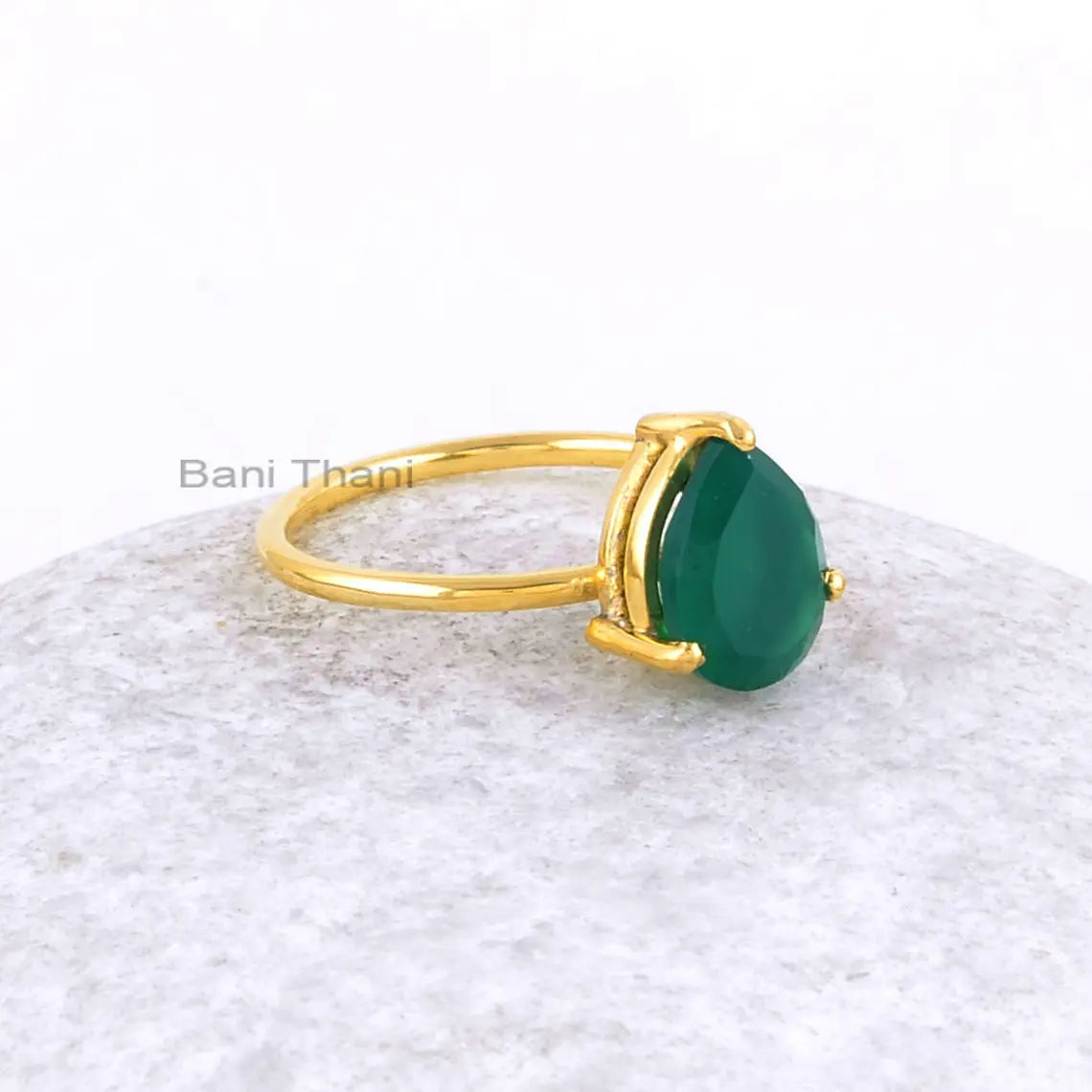 Green Onyx Ring-Green Onyx Pear 8x10mm Sterling Silver Ring-Gold Plated Ring-Handmade Ring for Women-Prong Ring-Mothers Day Gift