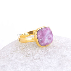 Lepidolite Ring-Lepidolite Cushion 10x10mm Gold Plated Sterling Silver Ring-Handmade Ring-Cushion Ring-Unique Gifts For Women