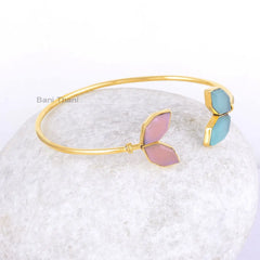 Pink and Aqua Chalcedony Bangle - Rose Gold Plated Bracelet - 925 Silver - Diamond Hexagon 6x12mm - Jewelry For Student - Gift For Wholesale