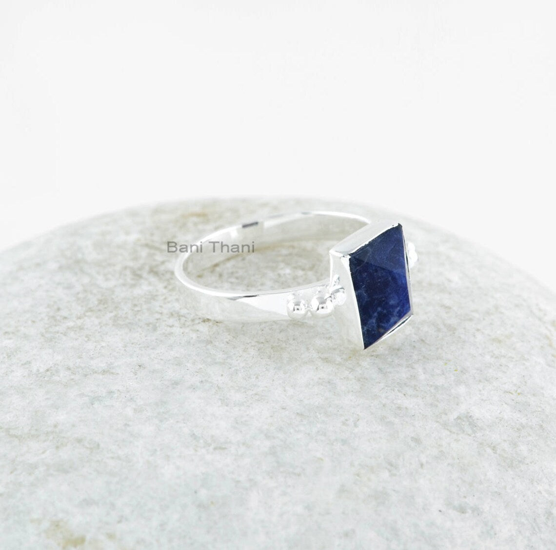 Sodalite Handmade Silver Dotted Ring - 925 Sterling Silver Ring - Gemstone Ring for Women - Rectangle Pyramid Ring - Gift for Bridal Wedding