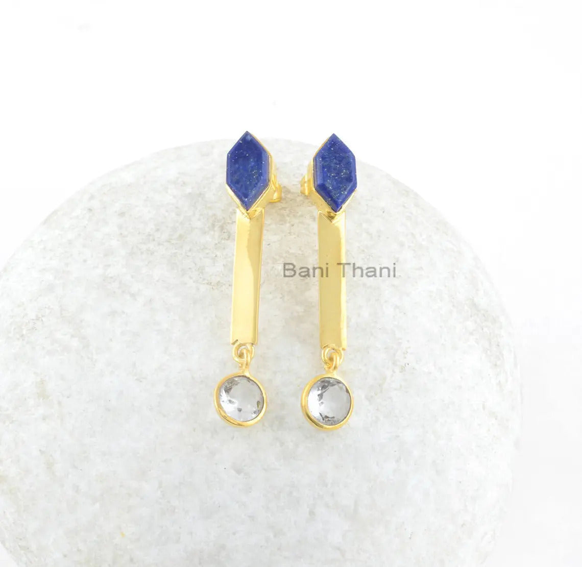 Lapis Lazuli Earrings-Lapis Lazuli Hexagon 6x12mm with Crystal Quartz 7x7mm Round Sterling Silver Earrings-18k Gold Plated Earrings