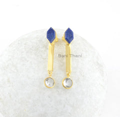 Lapis Lazuli Earrings-Lapis Lazuli Hexagon 6x12mm with Crystal Quartz 7x7mm Round Sterling Silver Earrings-18k Gold Plated Earrings