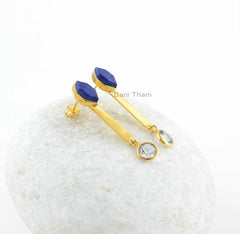 Lapis Lazuli Earrings-Lapis Lazuli Hexagon 6x12mm with Crystal Quartz 7x7mm Round Sterling Silver Earrings-18k Gold Plated Earrings