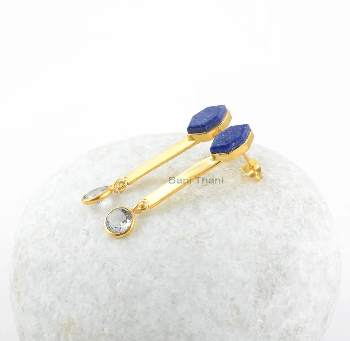 Lapis Lazuli Earrings-Lapis Lazuli Hexagon 6x12mm with Crystal Quartz 7x7mm Round Sterling Silver Earrings-18k Gold Plated Earrings