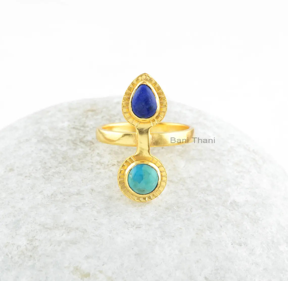 Lapis Lazuli, Arizona Turquoise Gemstone Ring - Gold Plated Anniversary Gift Ring - 925 Sterling Silver Gemstone Ring - Multi Stone Ring