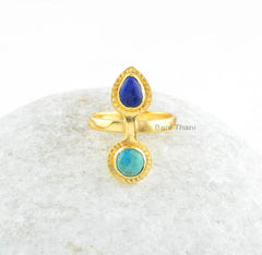 Lapis Lazuli, Arizona Turquoise Gemstone Ring - Gold Plated Anniversary Gift Ring - 925 Sterling Silver Gemstone Ring - Multi Stone Ring