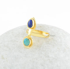 Lapis Lazuli, Arizona Turquoise Gemstone Ring - Gold Plated Anniversary Gift Ring - 925 Sterling Silver Gemstone Ring - Multi Stone Ring