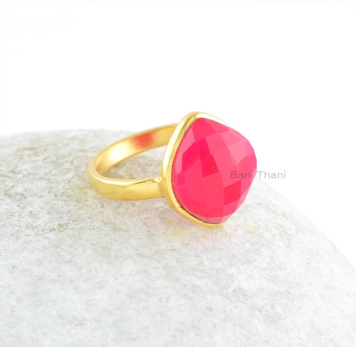 Hot Pink Chalcedony Faceted Gemstone Ring - Sterling Silver Handmade Ring - Gold Plated Chalcedony Ring - Everyday Jewelry - Present for Her