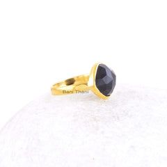 Black Onyx Cushion Gemstone Ring - Gold Plated Bezel Ring - 925 Sterling Silver Office Wear Ring - Wedding Gift Ring for Women - Boho Ring
