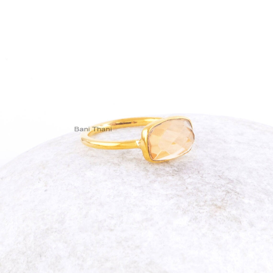 Champagne Quartz 7x11mm Rectangle Gemstone Ring-925 Sterling Silver Jewelry-Micron Gold Plated Ring-Personalised Birthday Gift Idea Ring