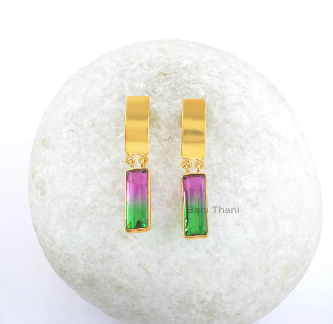 Watermelon Tourmaline Earrings-Bio Watermelon Tourmaline Quartz 6x17mm Rectangle Baguette Sterling Silver Earrings-Gold Plated Earrings