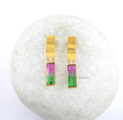 Watermelon Tourmaline Earrings-Bio Watermelon Tourmaline Quartz 6x17mm Rectangle Baguette Sterling Silver Earrings-Gold Plated Earrings