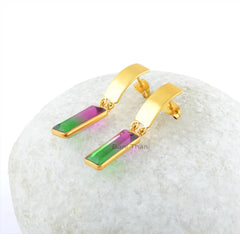 Watermelon Tourmaline Earrings-Bio Watermelon Tourmaline Quartz 6x17mm Rectangle Baguette Sterling Silver Earrings-Gold Plated Earrings