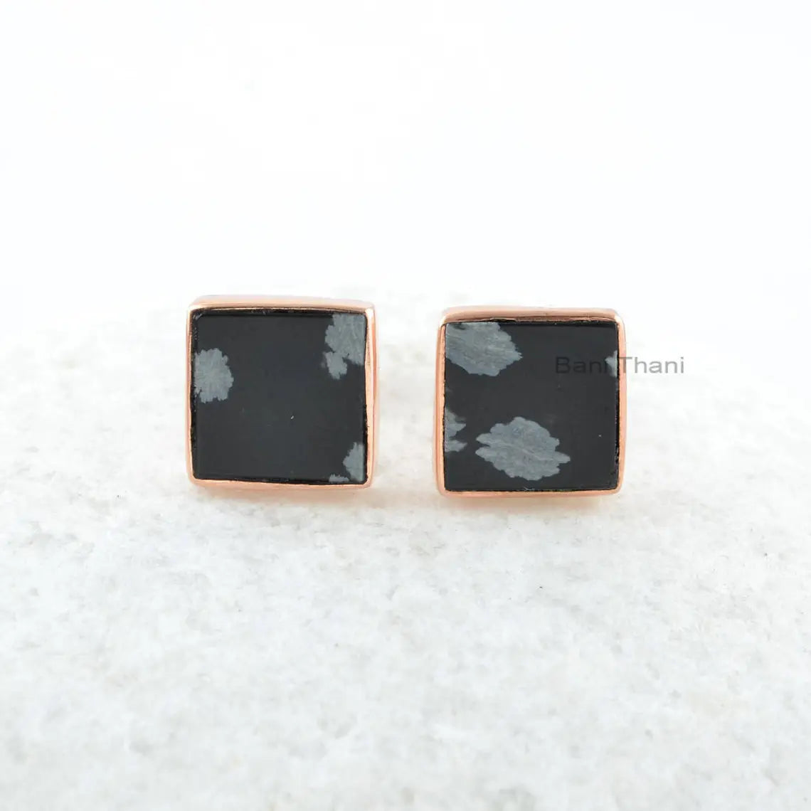 Snowflake Obsidian Stud Earrings - Sterling Silver - Rose Gold Studs - 9x9mm Flat Square - Gift For New Beginning - Jewelry For Inspiration