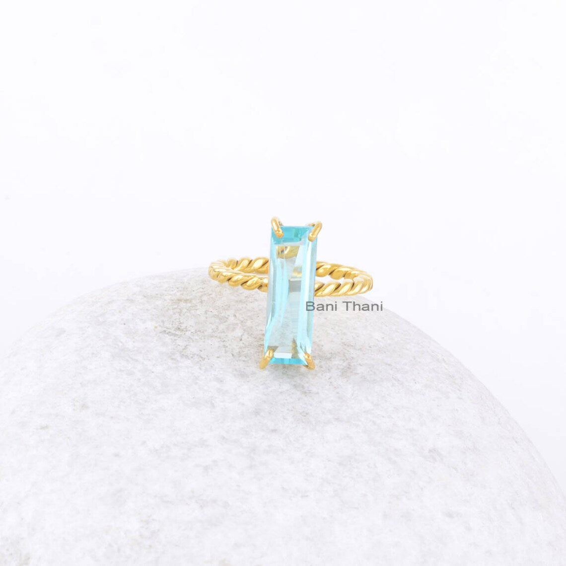 Blue Quartz Ring-Designer Gold Plated Ring-Sterling Silver Ring-baguette 6x18 mm Ring-Gemstone Ring-Jewelry for Gift-Wedding Ring