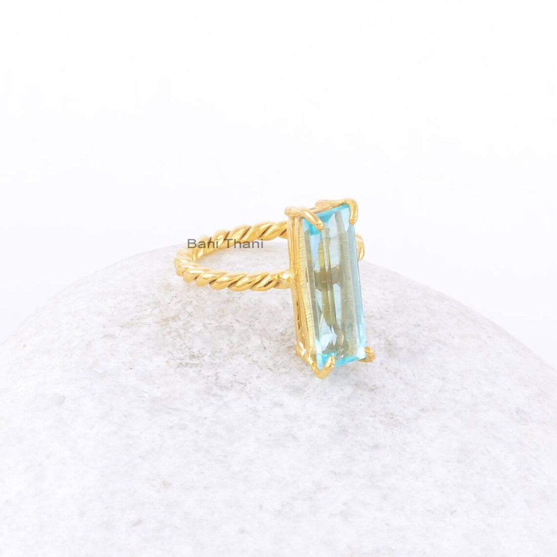 Blue Quartz Ring-Designer Gold Plated Ring-Sterling Silver Ring-baguette 6x18 mm Ring-Gemstone Ring-Jewelry for Gift-Wedding Ring