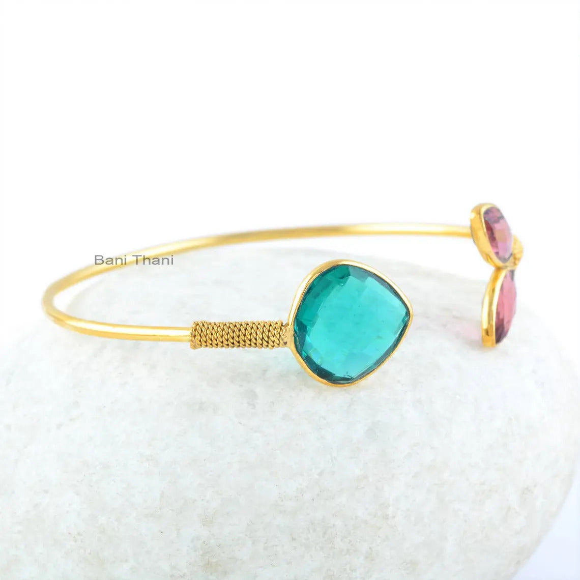 Gemstone Bangle-7x14mm Pink Tourmaline Quartz Marquoise Bangle-14mm Teal Quartz Heart Bangle-Sterling Silver Bangle Bracelet