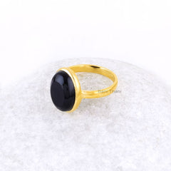 Black Onyx Ring - Gold Plated Ring - Solid Silver - Artisan Jewelry - 10x14mm Handmade Ring - Gift For Grand Daughter - Jewelry For Everyday