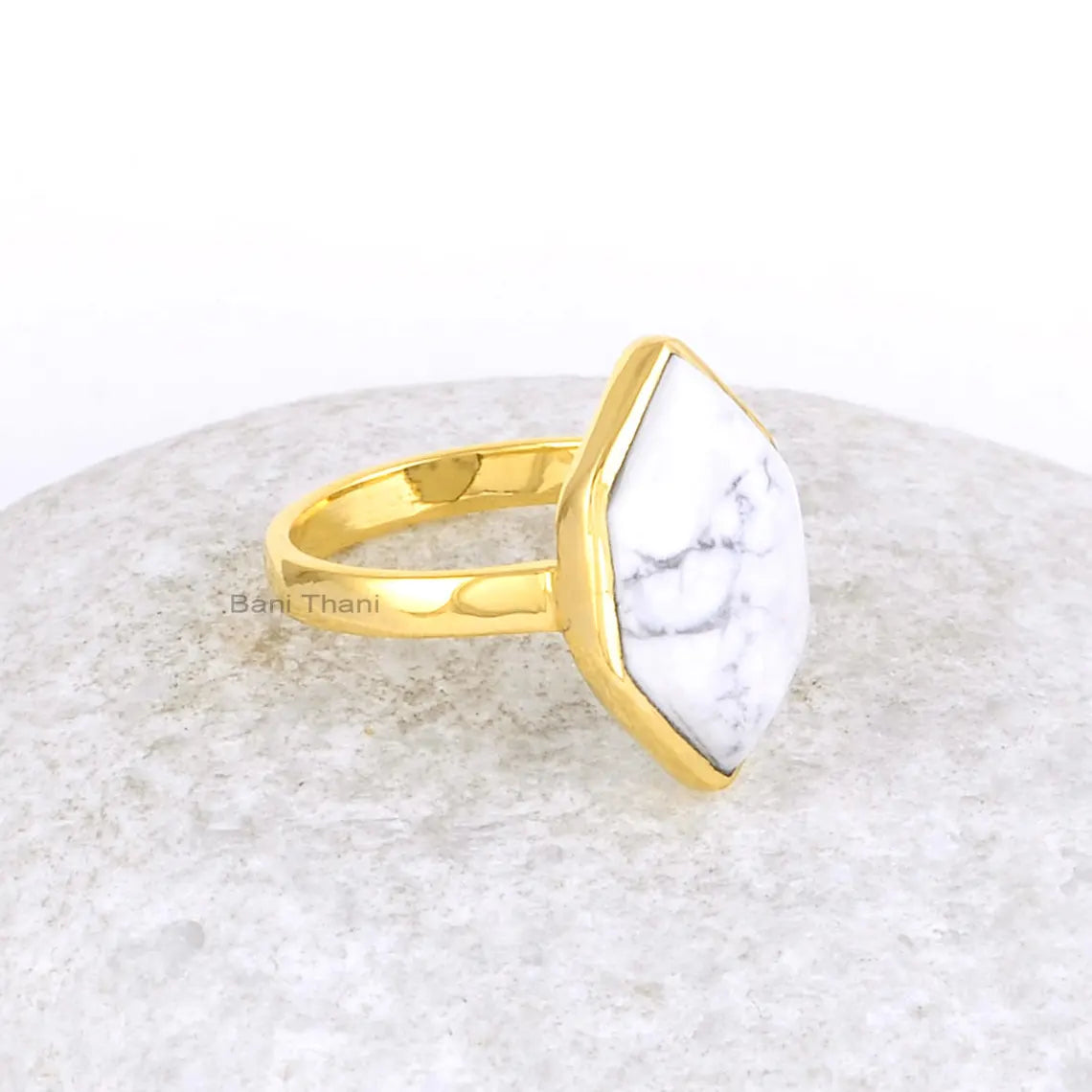 White Howlite Ring-White Howlite Hexagon Diamond Shape 9x16mm Ring-Sterling Silver Ring-Gold Plated Ring-Women Ring-Gift for Her