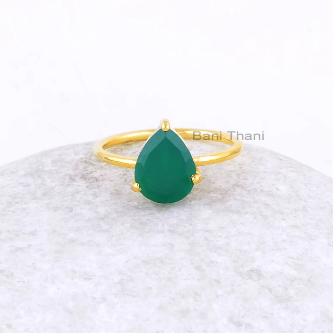 Green Onyx Ring-Green Onyx Pear 8x10mm Sterling Silver Ring-Gold Plated Ring-Handmade Ring for Women-Prong Ring-Mothers Day Gift