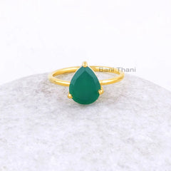 Green Onyx Ring-Green Onyx Pear 8x10mm Sterling Silver Ring-Gold Plated Ring-Handmade Ring for Women-Prong Ring-Mothers Day Gift