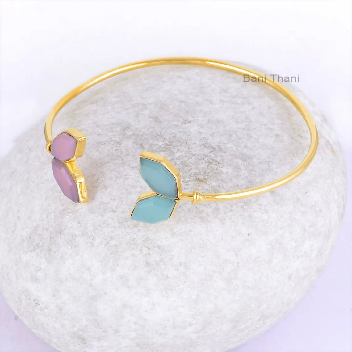 Pink and Aqua Chalcedony Bangle - Rose Gold Plated Bracelet - 925 Silver - Diamond Hexagon 6x12mm - Jewelry For Student - Gift For Wholesale